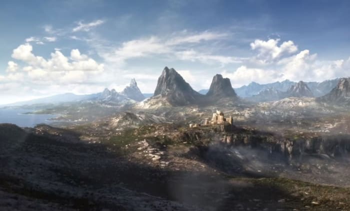 The Elder Scrolls 6 teaser trailer screenshot showing a fantasy landscape.